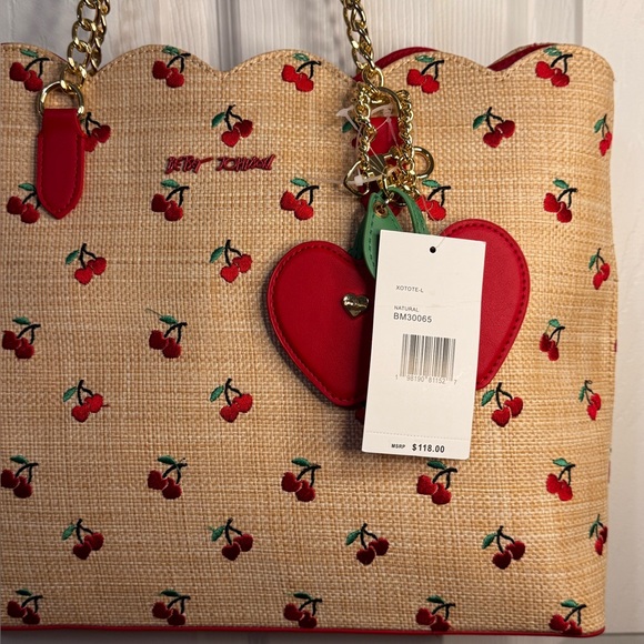 NWT 🍒 Betsey Johnson Embroidered Woven Cherry Gold Chain Shoulder